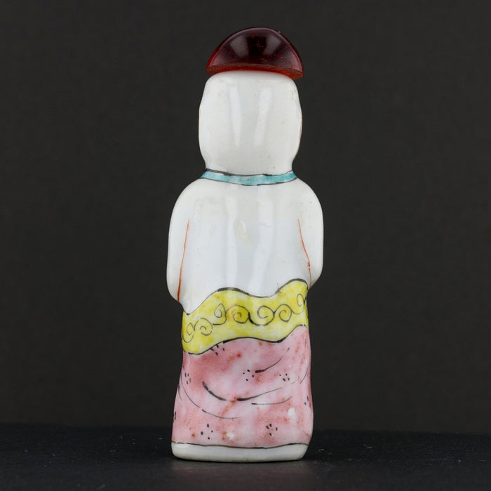 Antique Chinese Porcelain Snuff Bottle Seated Figure with Red Stopper