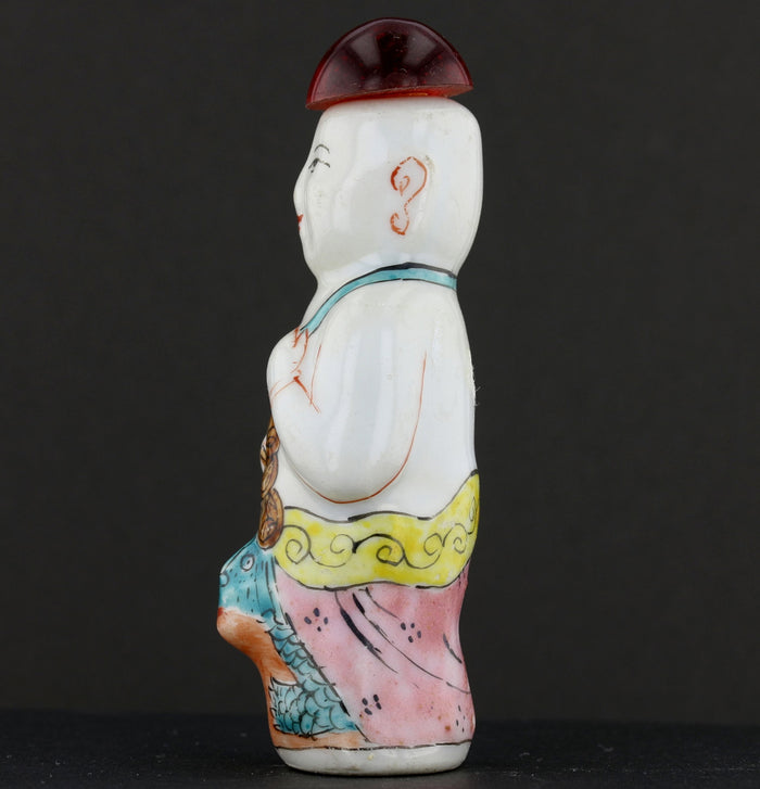 Antique Chinese Porcelain Snuff Bottle Seated Figure with Red Stopper