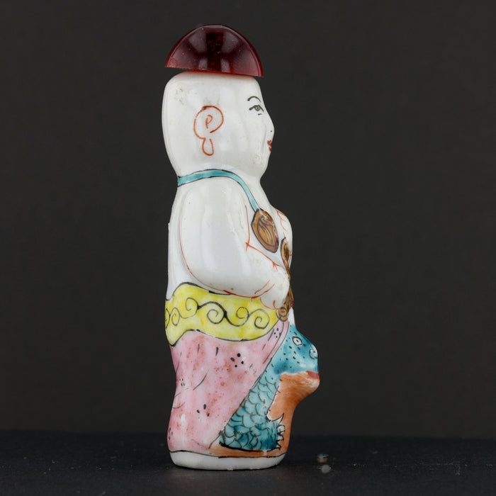 Antique Chinese Porcelain Snuff Bottle Seated Figure with Red Stopper