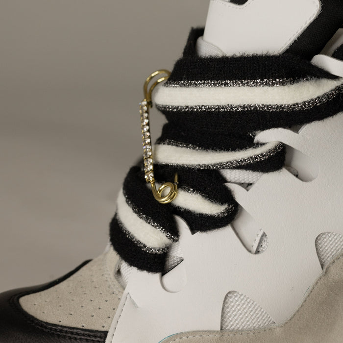 Courageous White/Black Coco Laces and Gold Crystal Encrusted Pin ( Laces and Pin Only)