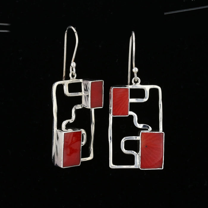 Sterling Silver Two-Stone Rectangular Coral Earrings 893491